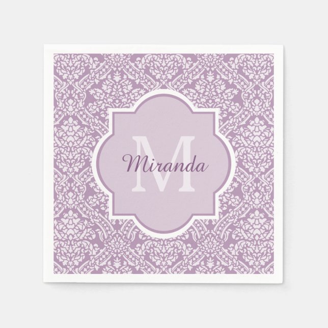 Serviettes En Papier Chic Lavande Purple Damask Monogramme Avec Nom (Devant)