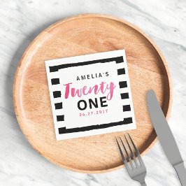 Serviettes En Papier Chic noir & blanc rayures rose 21e anniversaire