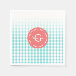 Serviettes En Papier chic preppy turquoise en vichy motif monogramme