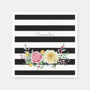 Serviettes En Papier Chic Rose Floral tendance rayures noires et nom