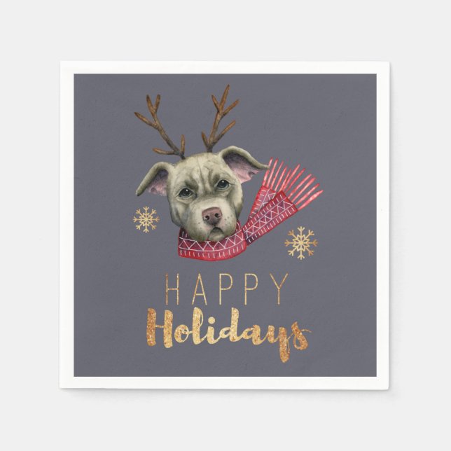 Serviettes En Papier Chien de Noël avec Antlers, Joyeuses fêtes (Devant)