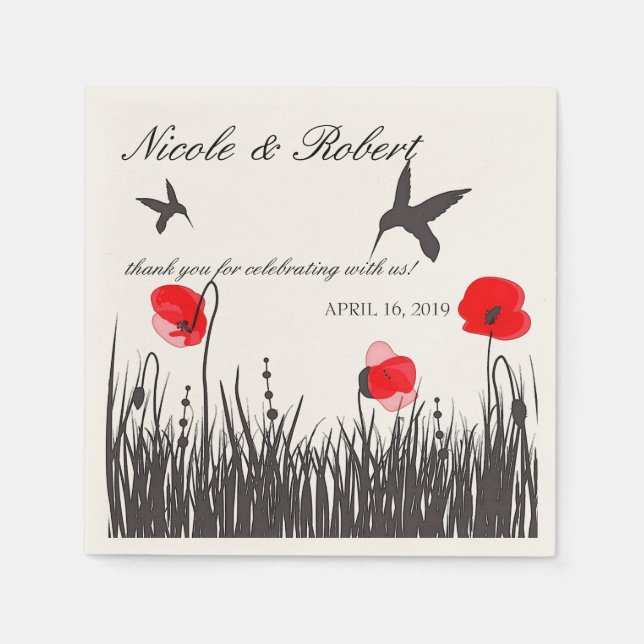 Serviettes En Papier Colibris silhouettés et coquelicots rouges personn (Devant)