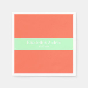 Serviettes En Papier Corail Uni, Ruban Menthe Monogramme du Nom