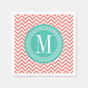 Serviettes En Papier Coral Chevron Zigzag Monogramme personnalisé