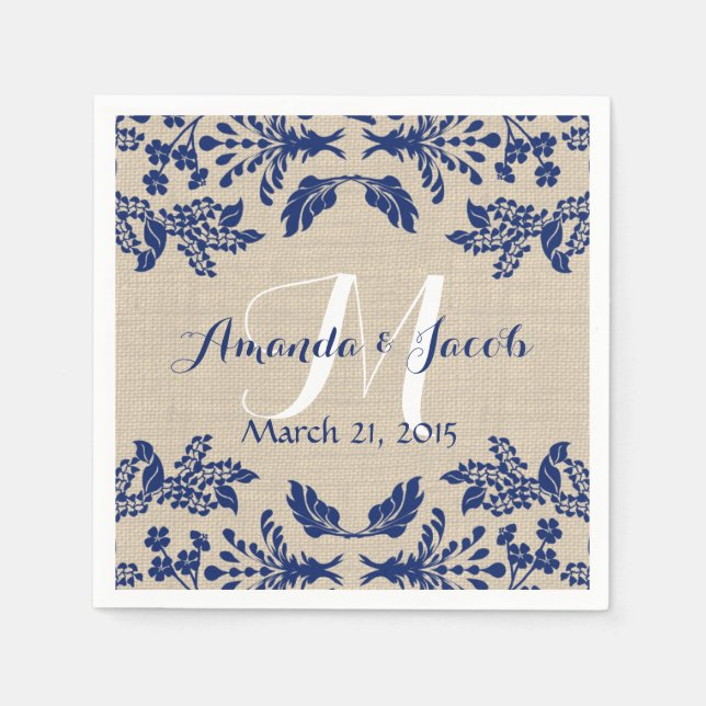 Serviettes En Papier Country Garden Damask Blue et Burlap (Devant)