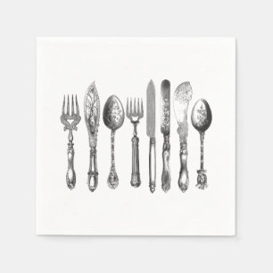 Serviettes En Papier Couteaux vintages Couteau blanc noir fourche coute