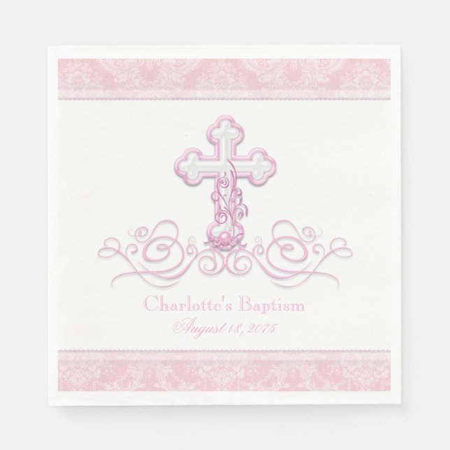Serviettes En Papier Croix rose Damask Filles Baptême Communion serviet (Devant)