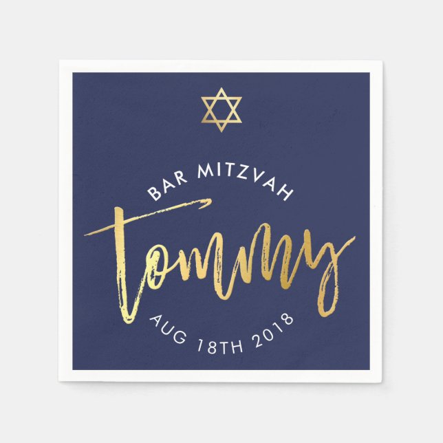 Serviettes En Papier CUSTOM Bar Mitzvah déjeuner pour Tommy navy + or (Devant)