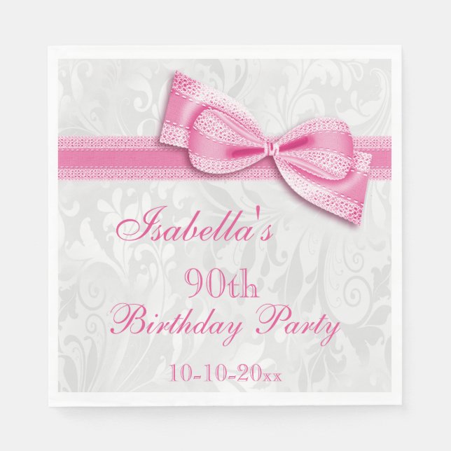 Serviettes En Papier Damask & Faux Bow Girls 90e anniversaire (Devant)