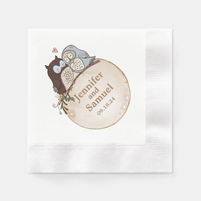 Serviettes en papier de mariage rustique avec hibo (Devant)