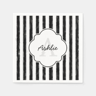 Serviettes En Papier Décontracté Black Peint Stripes Monogramme et nom