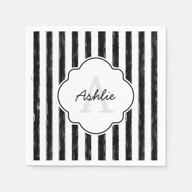 Serviettes En Papier Décontracté Black Peint Stripes Monogramme et nom (Devant)