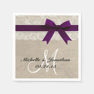 Serviettes En Papier Dentelle et Burlap Mariage rustique Napkin Plum