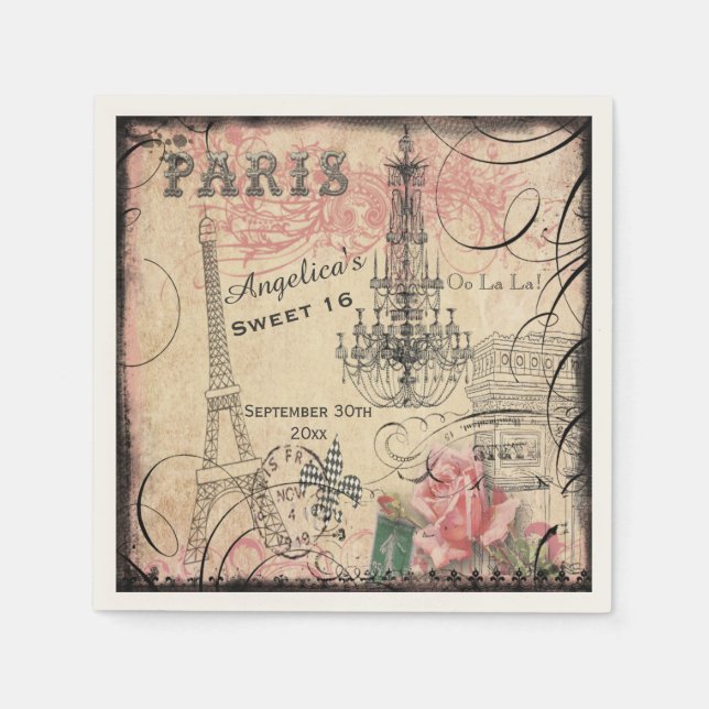 Serviettes En Papier Douce 16 Tour Eiffel et lustre (Devant)
