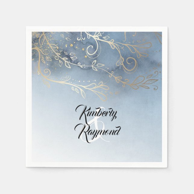 Serviettes En Papier Dusty bleu et or Mariage moderne (Devant)