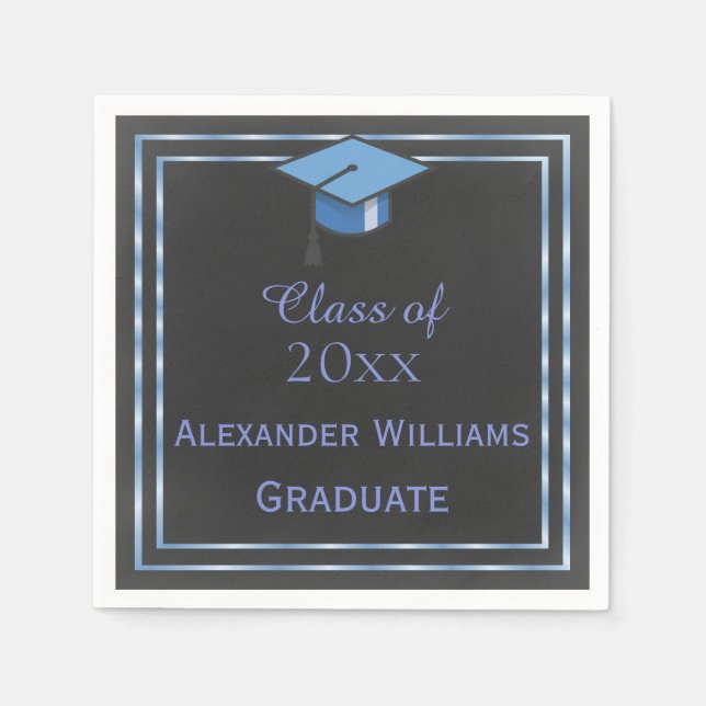 Serviettes En Papier Élégant Bleu encadré Graduation (Devant)