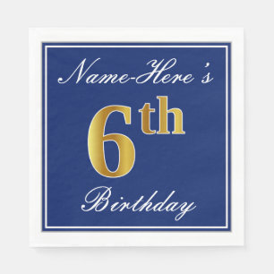 Serviettes En Papier Elégant bleu, Faux or 6ème anniversaire + Nom pers