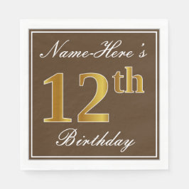 Serviettes En Papier Elégant Brown, Faux Gold 12ème anniversaire + Nom