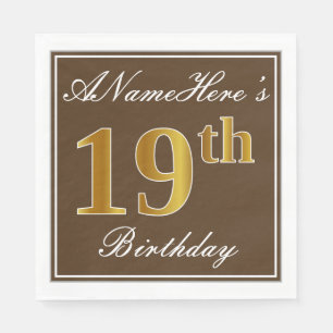 Serviettes En Papier Elégant Brown, Faux Gold 19ème anniversaire + Nom
