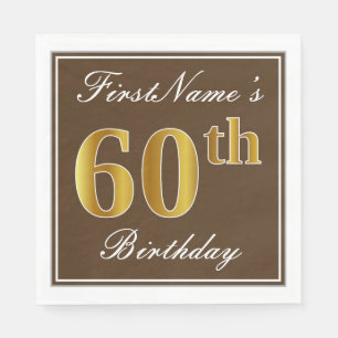 Serviettes En Papier Elégant Brown, Faux Gold 60e anniversaire + Nom