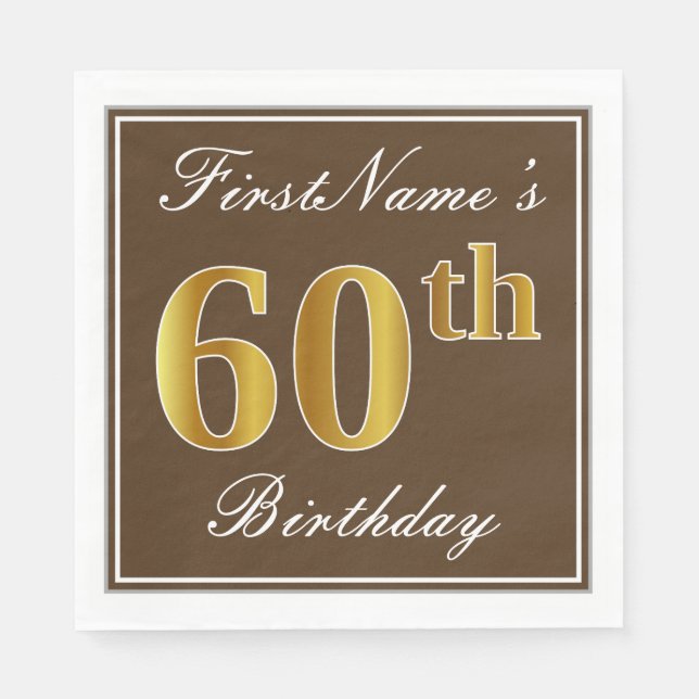 Serviettes En Papier Elégant Brown, Faux Gold 60e anniversaire + Nom (Devant)