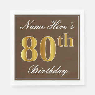 Serviettes En Papier Elégant Brown, Faux Gold 80e anniversaire + Nom
