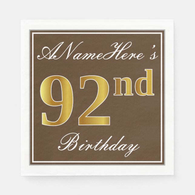 Serviettes En Papier Elégant Brown, Faux Gold 92ème anniversaire + Nom (Devant)
