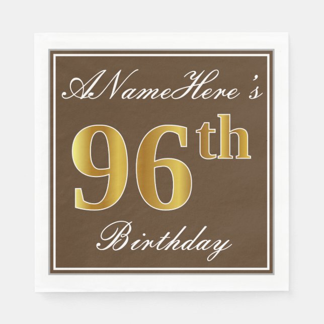 Serviettes En Papier Elégant Brown, Faux Gold 96ème anniversaire + Nom (Devant)