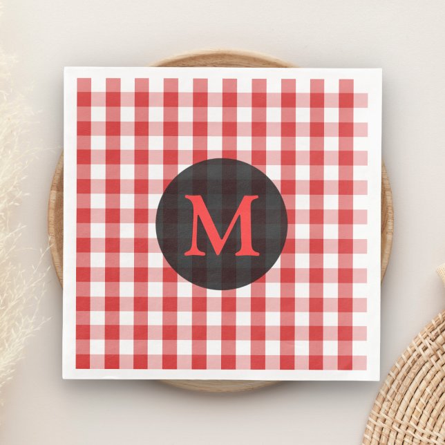 Serviettes En Papier Élégant En vichy rouge Motif Personnalisé Monogram (Créateur téléchargé)
