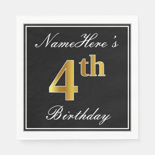 Serviettes En Papier Elégant, Faux Gold 4ème anniversaire + Nom personn (Devant)