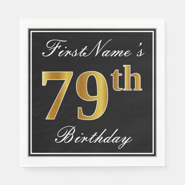 Serviettes En Papier Elégant, Faux Gold 79e anniversaire + Nom personna (Devant)