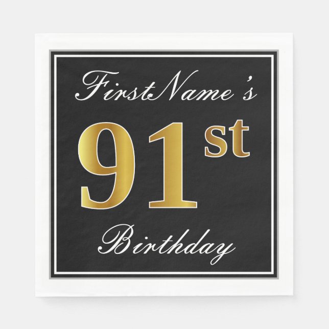 Serviettes En Papier Elégant, Faux Gold 91ème Anniversaire + Nom person (Devant)