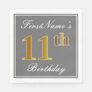 Serviettes En Papier Elégant Grey, Faux Gold 11e anniversaire; Nom pers