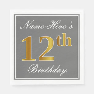 Serviettes En Papier Elégant Grey, Faux Gold 12e anniversaire; Nom pers
