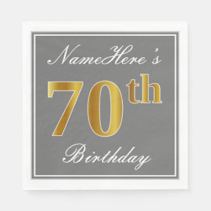Serviettes En Papier Elégant Grey, Faux Gold 70e anniversaire; Nom pers