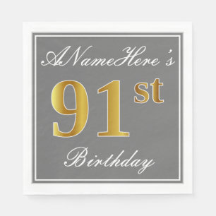 Serviettes En Papier Elégant Grey, Faux Gold 91e anniversaire; Nom pers
