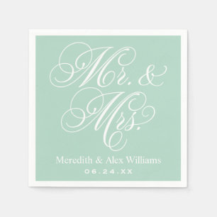 Serviettes En Papier Élégant Mariage Script Mr et Mrs Mint