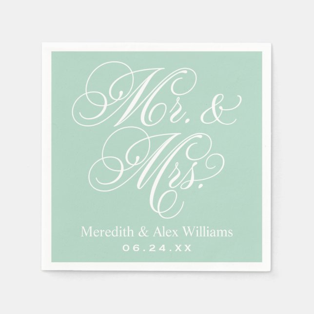 Serviettes En Papier Élégant Mariage Script Mr et Mrs Mint (Devant)