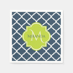 Serviettes En Papier Élégant Monogram Marine Green Quatrefoil et nom