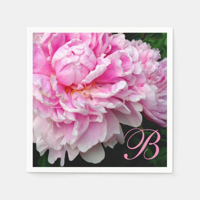 Serviettes En Papier Elégant Pink blanc fleuri rose paconé - monogramme (Devant)