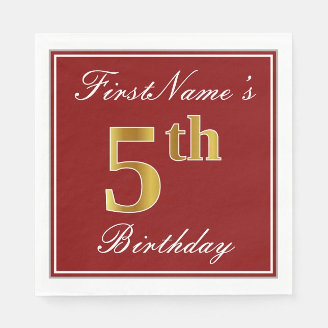 Serviettes En Papier Elégant Rouge, Faux Gold 5e Anniversaire + Nom per (Devant)
