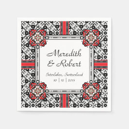 Serviettes En Papier Elégant Rouge, Noir, Blanc Folk Mariage damassé