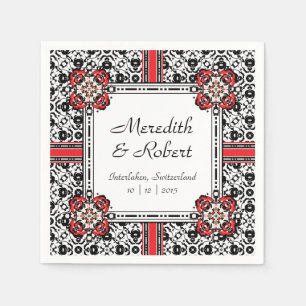 Serviettes En Papier Elégant Rouge, Noir, Blanc Folk Mariage damassé