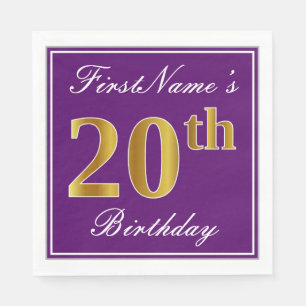 Serviettes En Papier Élégant violet, Faux Gold 20e anniversaire + Nom