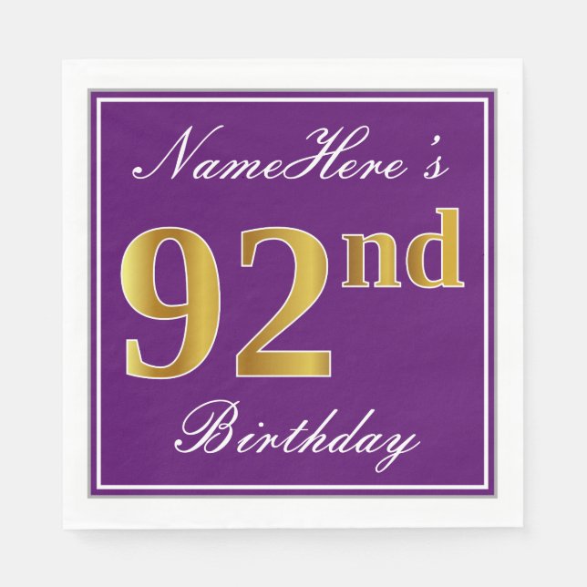 Serviettes En Papier Élégant violet, Faux Gold 92e anniversaire + nom (Devant)