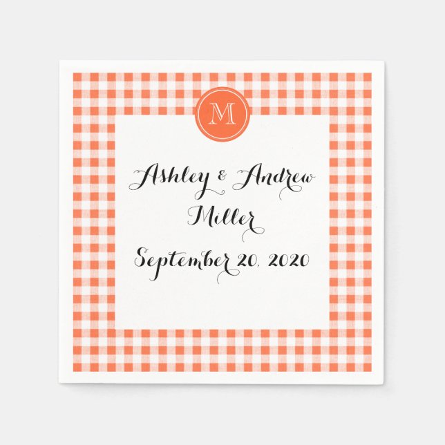 Serviettes En Papier en vichy orange et blanc, votre monogramme (Devant)