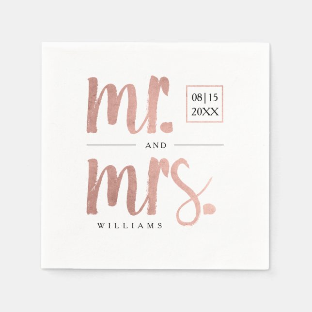 Serviettes En Papier Faux Rose Gold Foil Mr & Mrs. (Devant)