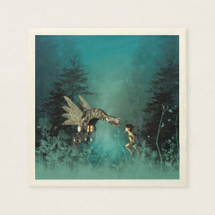 Serviettes En Papier Fée mignonne avec dragon à vapeur dans une forêt d