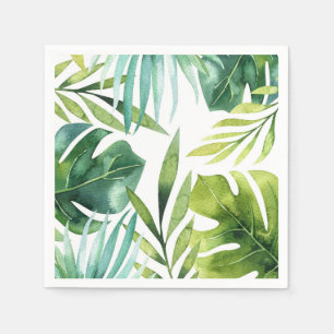 Serviettes En Papier Feuilles Tropicales Vertes Élégante Mariage Blanc