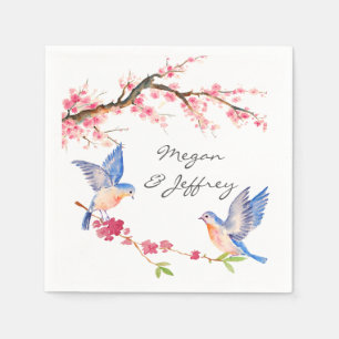Serviettes En Papier Fleurs de cerisier d'aquarelle avec des oiseaux